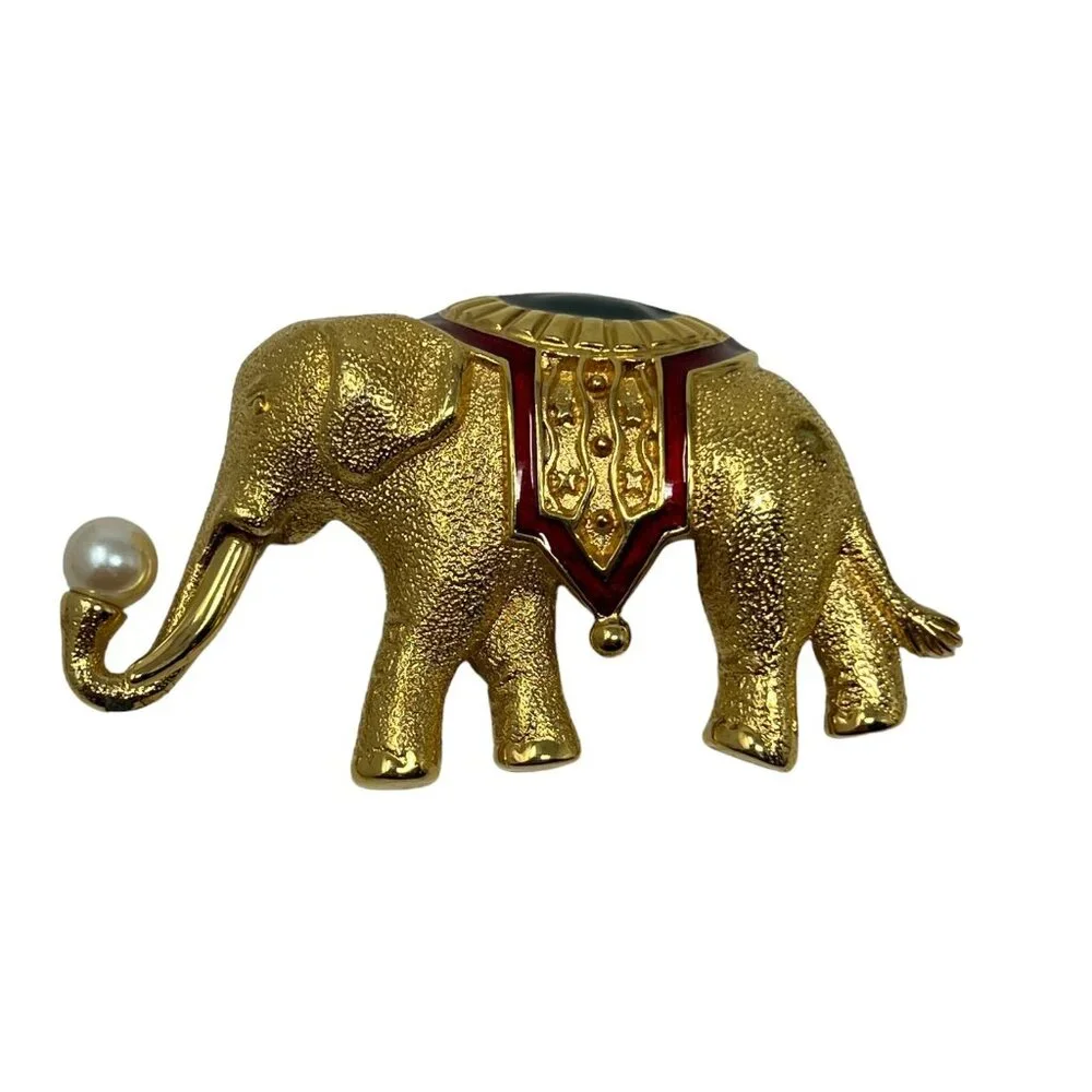 Vintage Monet Elephant Brooch Faux Pearl Red Blue Enamel and‎ Gold Tone Pin
